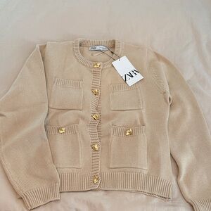 Zara Tan Knit Cardigan with Gold Accents